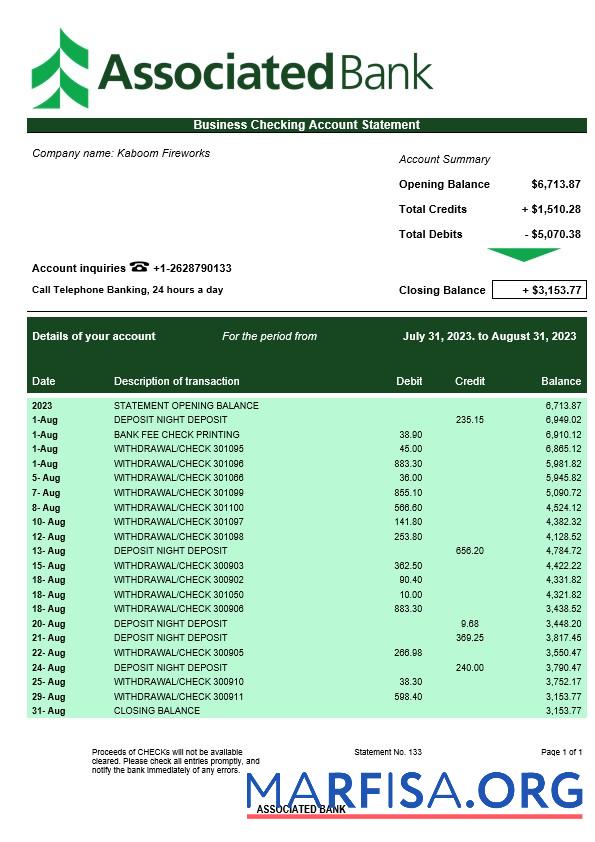 Downloadable Associated Bank business statement Word and PDF template